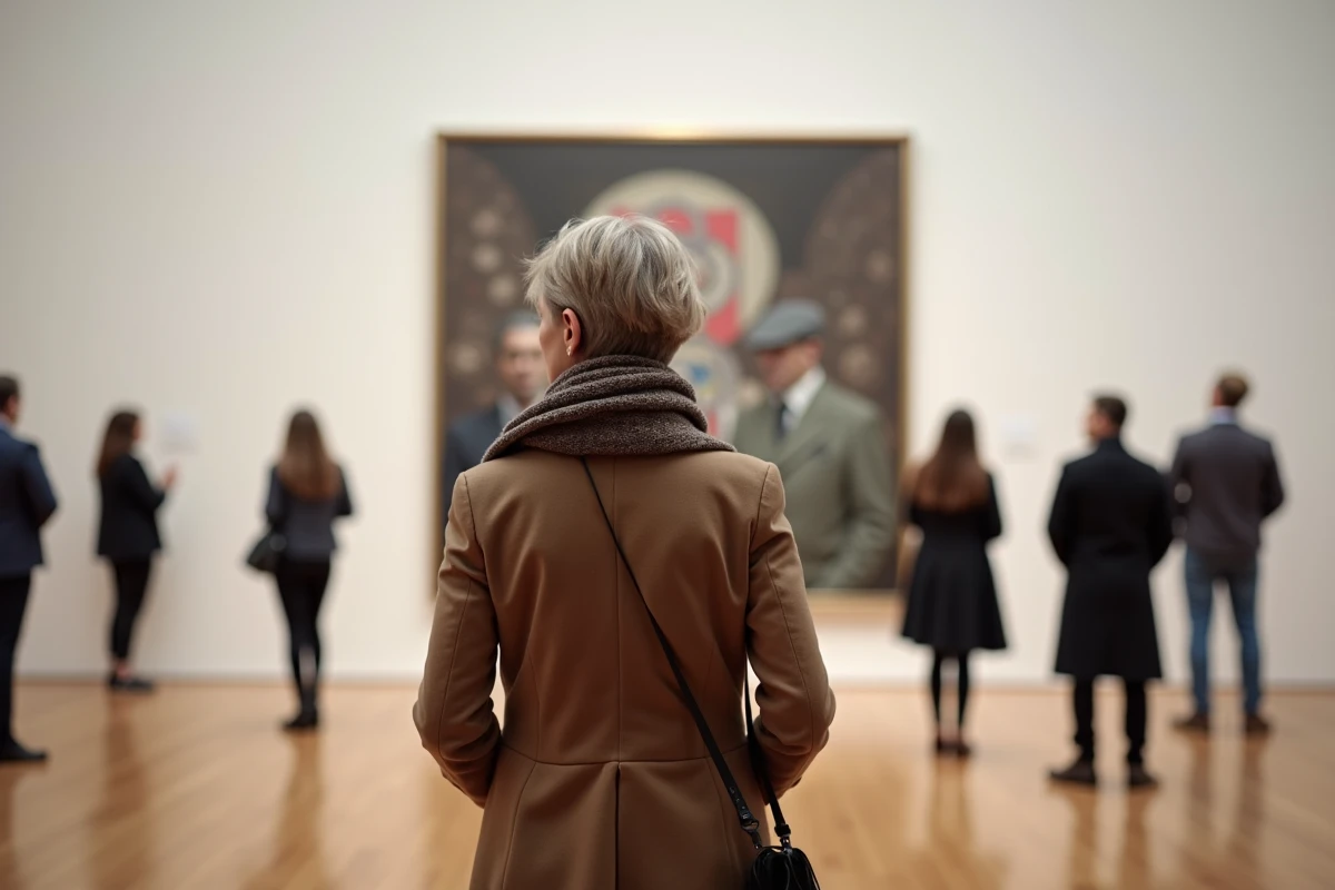 Femme regardant une peinture contemporaine dans une galerie