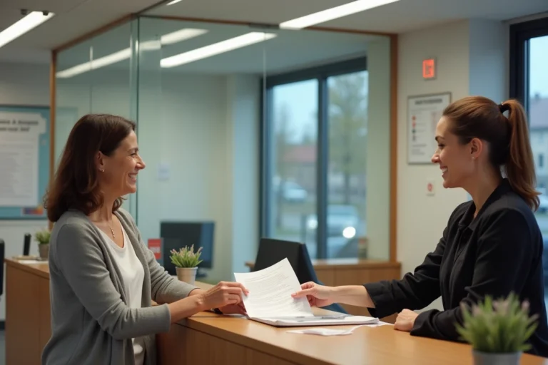 Femme souriante remettant des papiers à un agent municipal