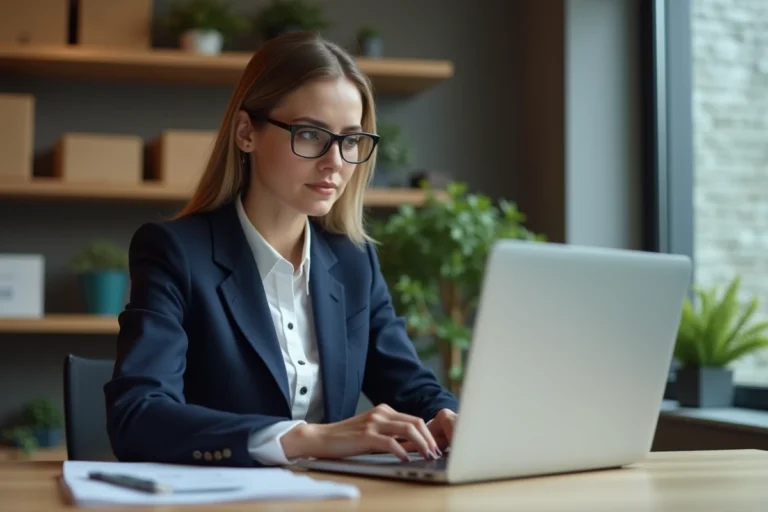 Femme en costume de bureau travaillant sur un ordinateur