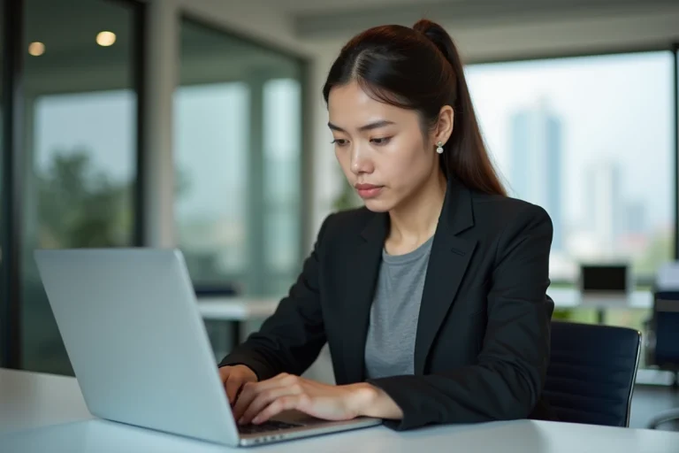 Jeune femme professionnelle concentrée sur son ordinateur dans un bureau moderne