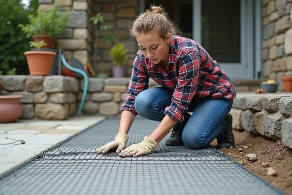 Femme posant un treillis de renforcement sur le beton