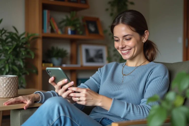 Femme souriante envoyant une carte anniversaire sur son smartphone