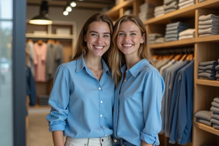 Deux femmes en chemise coton bleue dans un magasin moderne