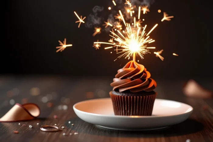 Cupcake au chocolat surmonté d'un minuscule feu d'artifice pétillant envoyant des étincelles dorées en cascade au-dessus du glaçage