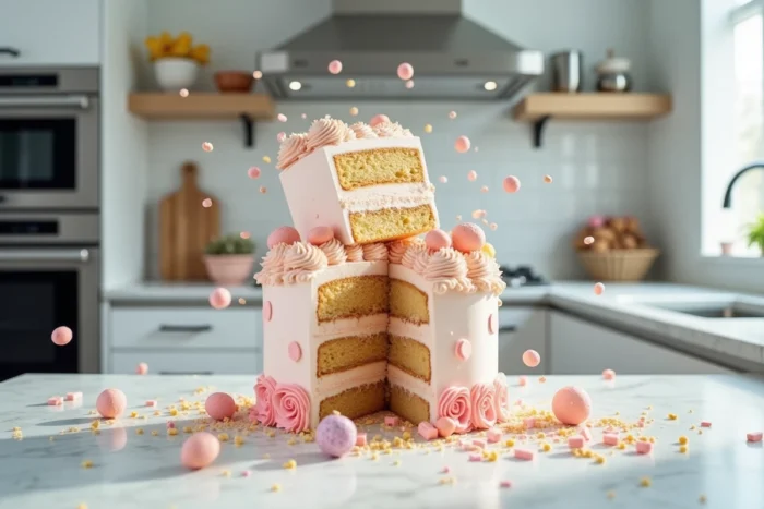 Gâteau d'anniversaire à trois étages qui s'effondre en slow motion sur un plan de travail en marbre blanc