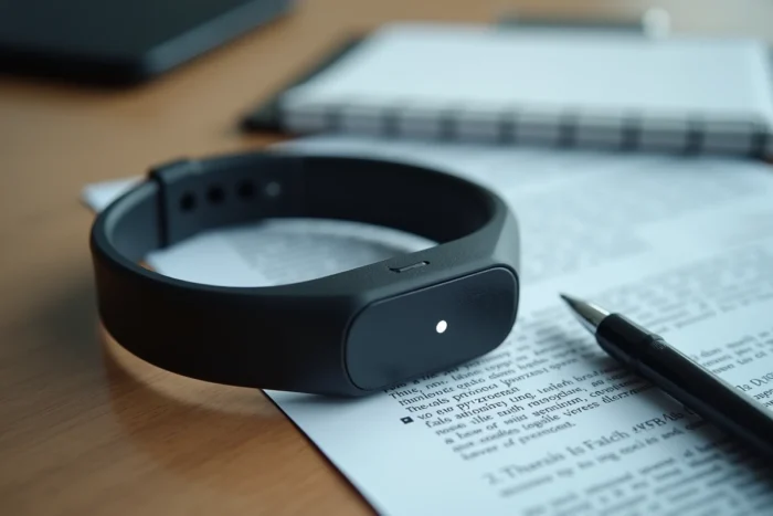 Gros plan d'un bracelet électronique de surveillance posé sur un document juridique imprimé, représentant les dispositifs techniques de la remise de peine en 2026