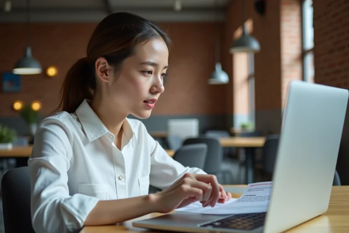 Jeune femme consultant un guide imprimé pour configurer Firefox et autoriser une connexion non sécurisée dans un espace de coworking