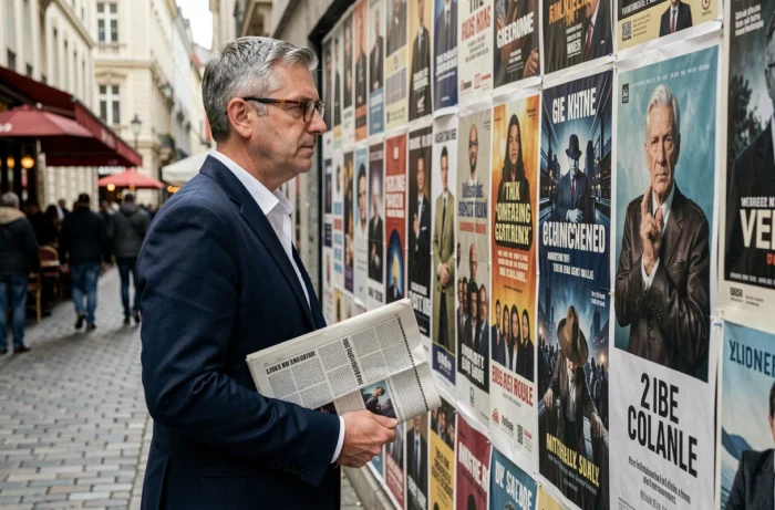Homme cultivé observant un mur d'affiches de films et d'événements culturels dans une rue pavée européenne animée