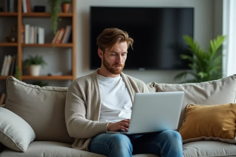 Homme détendu avec ordinateur dans un salon moderne