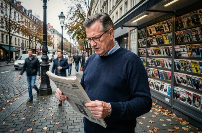 Homme lisant un journal imprimé dans une rue animée de la ville avec un kiosque à journaux en arrière-plan