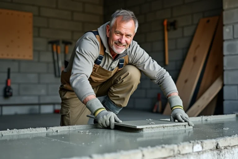 Homme en tenue de chantier lissant du concrete frais