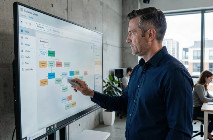 Homme naviguant sur une interface de sitemap web sur un grand écran dans un bureau moderne en open space