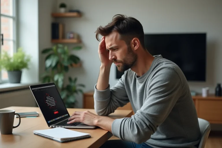 Homme frustré devant un ordinateur avec message d'erreur
