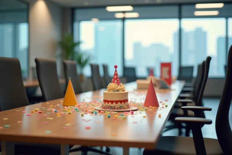 Bureau de bureau moderne décoré pour un anniversaire avec confettis, gâteau et chapeaux de fête colorés