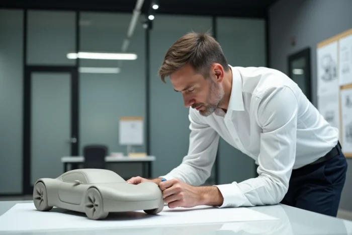 Ingénieur automobile masculin analysant un modèle de voiture en argile dans un studio de design Stellantis moderne