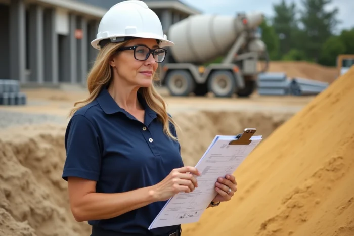 Ingénieure de chantier inspectant un tas de sable de remblai destiné à l'enrobage de canalisations sur un chantier de construction