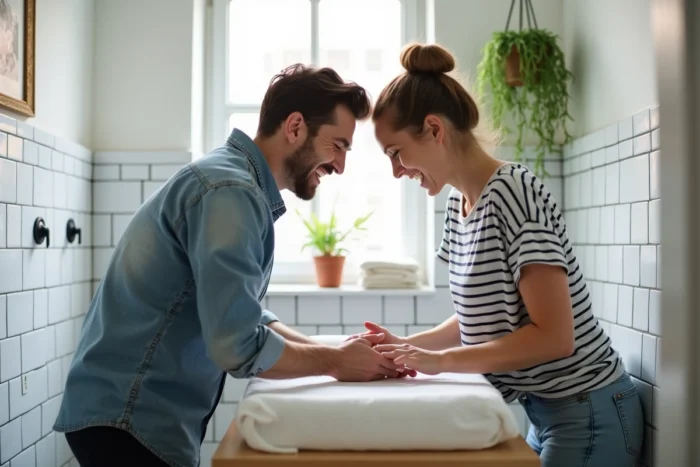Jeune couple de parents complices en train de changer la couche de leur bébé dans une salle de bain moderne