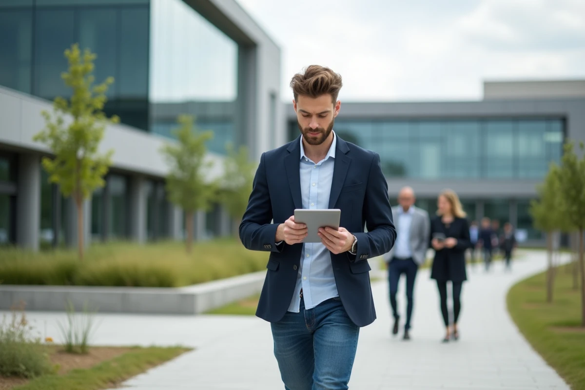 Jeune entrepreneur marchant avec une tablette à Paris Saclay