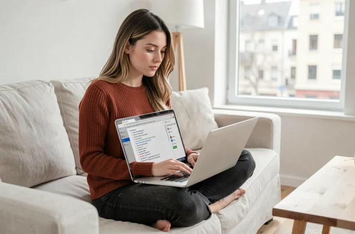 Jeune femme lisant un fichier sitemap XML sur son ordinateur portable installée dans un salon scandinave