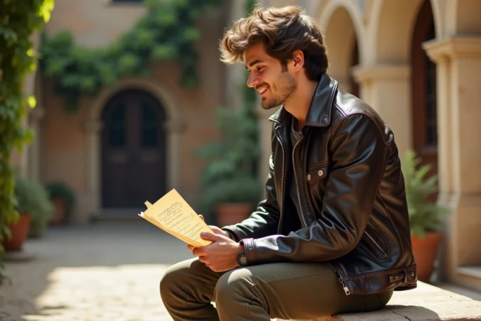 Jeune homme italien en veste en cuir vintage et sourire contemplatif
