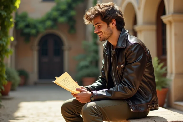 Jeune homme italien en veste en cuir vintage et sourire contemplatif