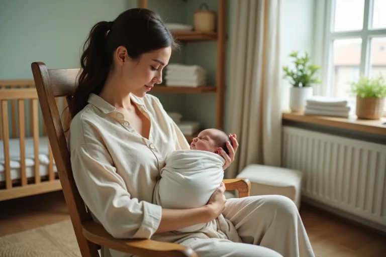 Jeune mère tenant son nouveau-né dans les bras dans une chambre de bébé apaisante aux murs vert sauge