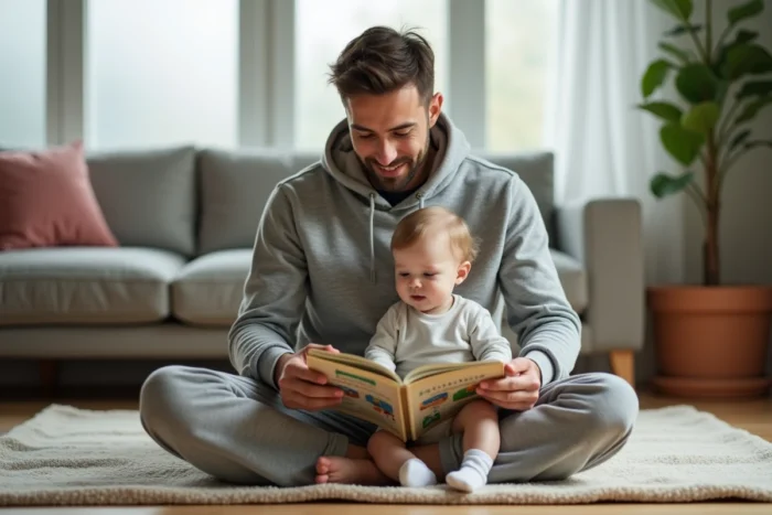 Jeune père lisant un livre illustré à son bébé assis sur un tapis de jeu coloré dans le salon