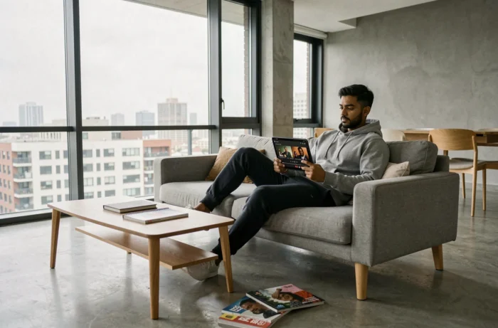 Jeune professionnel utilisant Wookafr Pro sur tablette dans un appartement contemporain au design épuré
