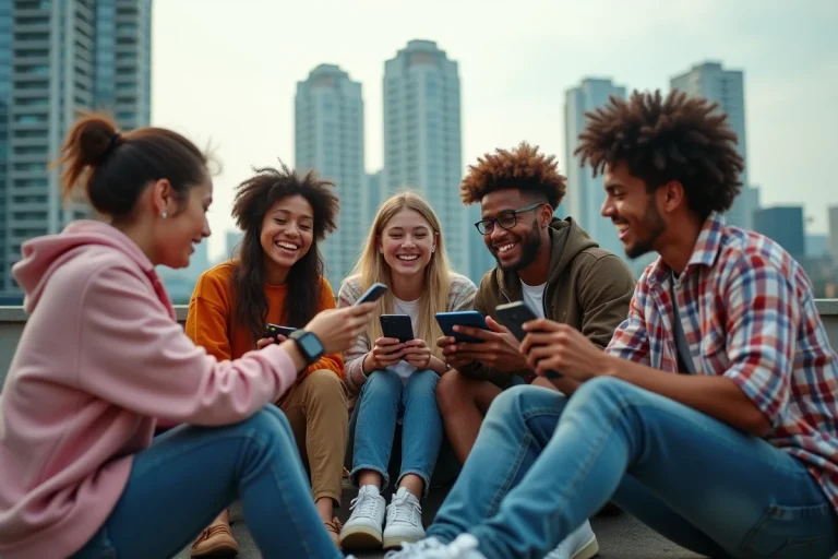 Groupe de jeunes adultes riant en partageant des memes en ville