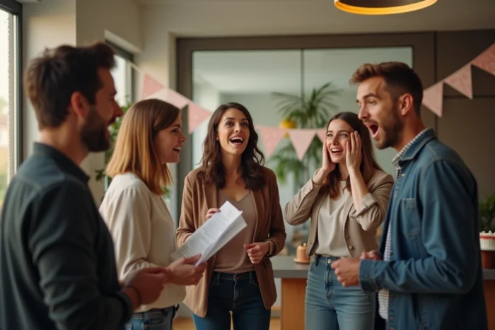 Groupe de collègues chantant faux Joyeux Anniversaire dans une salle de pause de bureau avec des expressions comiques