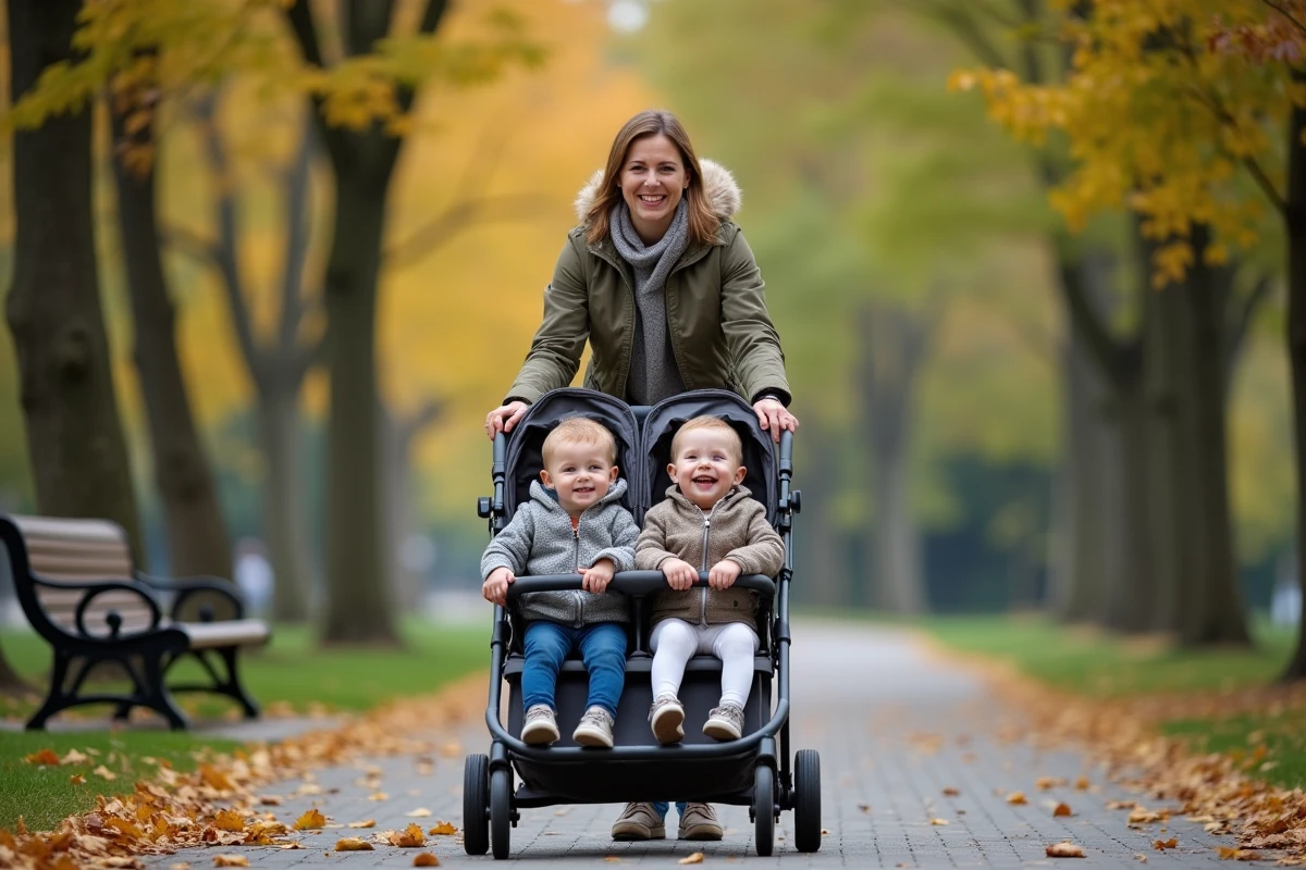 Maman pousse la poussette avec ses jumeaux dans un parc