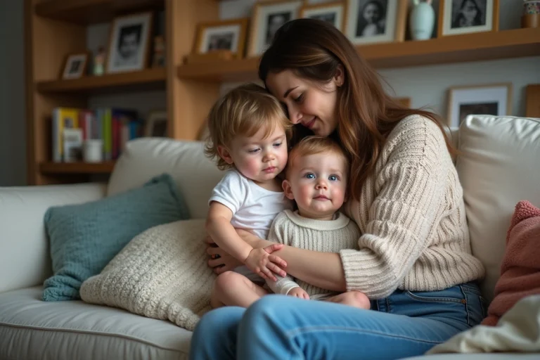 Maman câline ses jumeaux dans un salon chaleureux