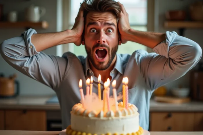 Homme aux mains sur la tête réagissant avec stupéfaction à une explosion de bougies de gâteau d'anniversaire