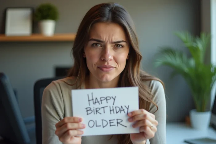 Jeune femme au bureau faisant un roulement d'yeux théâtral en tenant une carte d'anniversaire avec une expression amusée et lasse