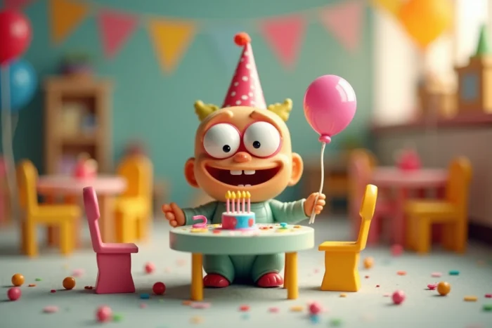 Personnage jouet coloré avec de grands yeux faisant la fête seul à une petite table décorée pour un anniversaire
