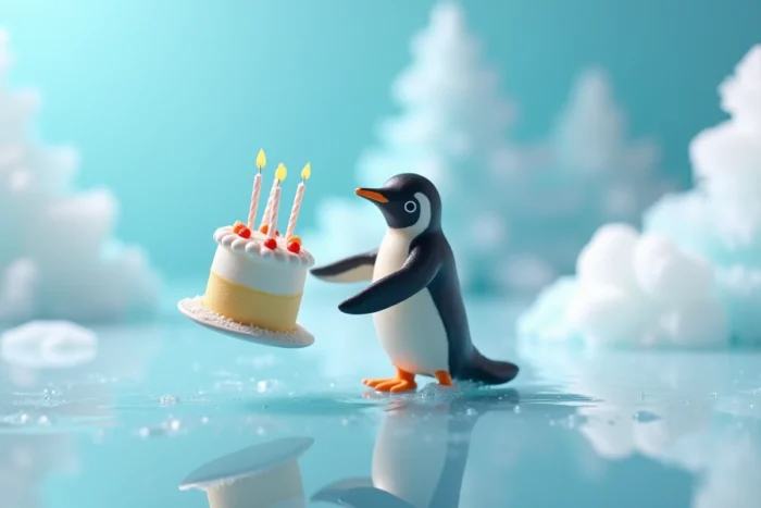 Pingouin miniature glissant sur la glace en tenant précairement un petit gâteau d'anniversaire décoré