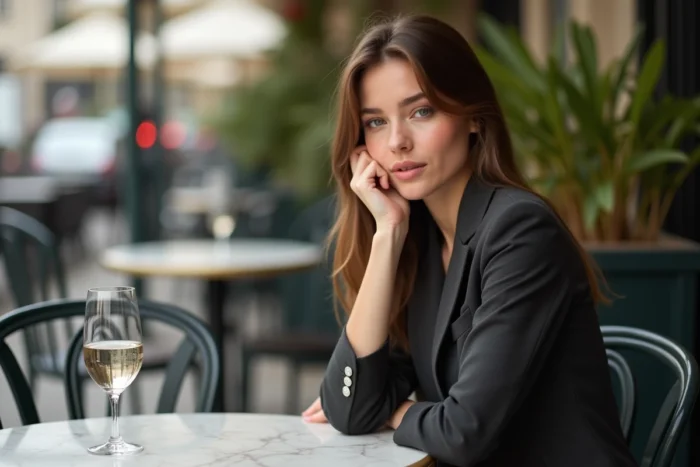Portrait élégant d'une jeune femme en terrasse de bistrot parisien, compagne d'un joueur de football professionnel