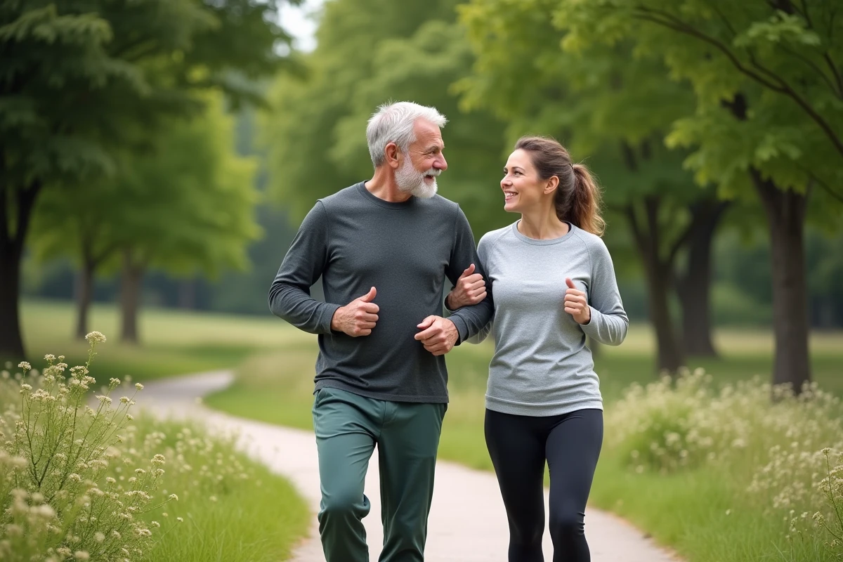 Homme et femme marchant dans un parc verdoyant