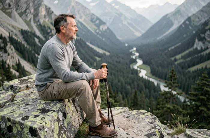 Homme en pull merino assis sur un rocher de montagne contemplant une vallée alpine lors d'une randonnée
