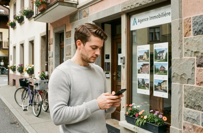 Homme cherchant une agence immobilière suisse sur son smartphone dans la rue