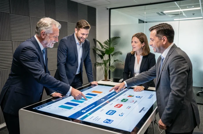 Équipe professionnelle analysant un tableau comparatif de fonctionnalités logicielles lors d'une réunion