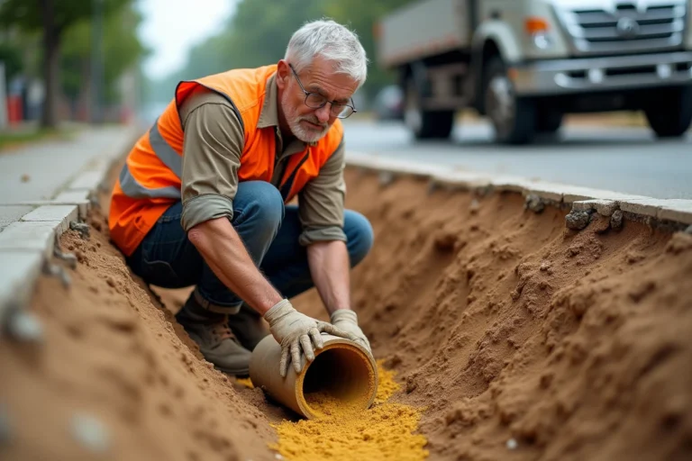 Ouvrier de chantier versant du sable autour d'une canalisation PVC dans une tranchée ouverte en milieu urbain