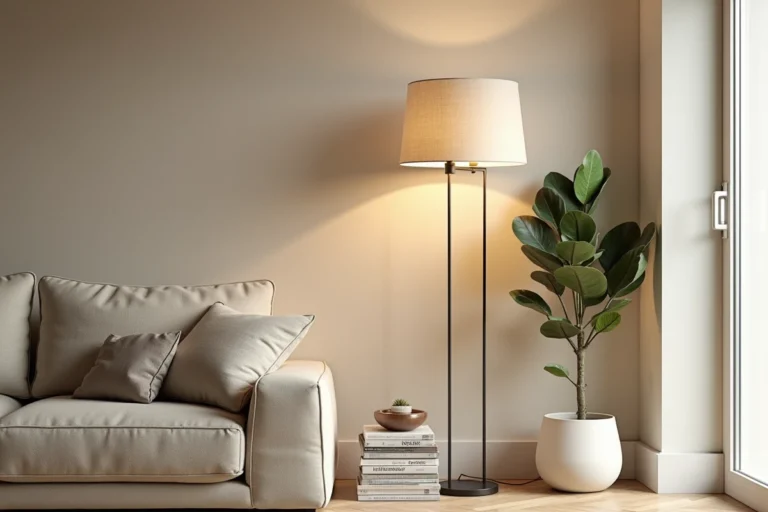 Salon moderne et apaisant avec lampe sur pied Foyerlumina et canapé en lin crème