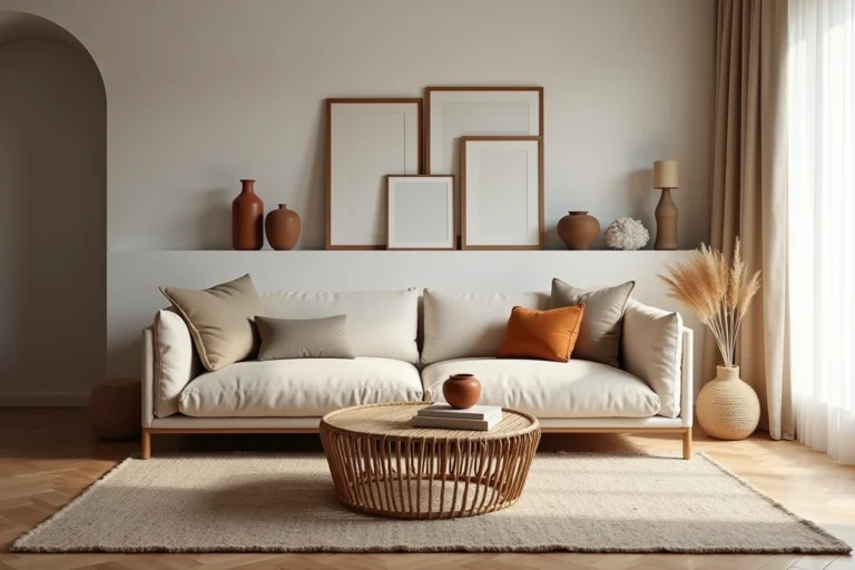 Salon scandinave moderne avec canapé en lin, table basse en rotin, tapis en laine et mur de cadres minimalistes — tendances déco actuelles