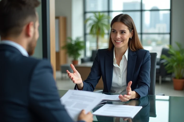 Femme cadre en séance de coaching professionnel dans un bureau moderne avec vue sur la ville