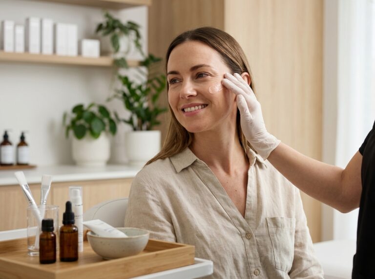 Femme détendue recevant un soin visage en clinique esthétique