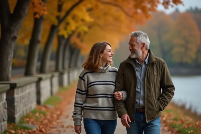 Couple heureux se promenant le long d'une promenade au bord de l'eau en automne, illustrant la vie amoureuse et le compagnon de Sophie Jovillard