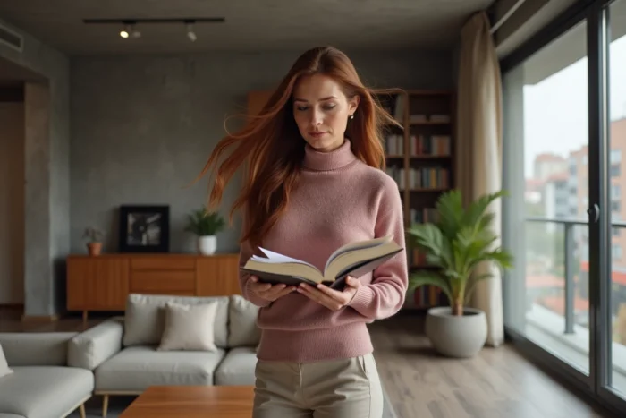 Femme pensive lisant dans un appartement moderne et chaleureux, image illustrant les confidences et la vie intime de Sophie Jovillard en 2026