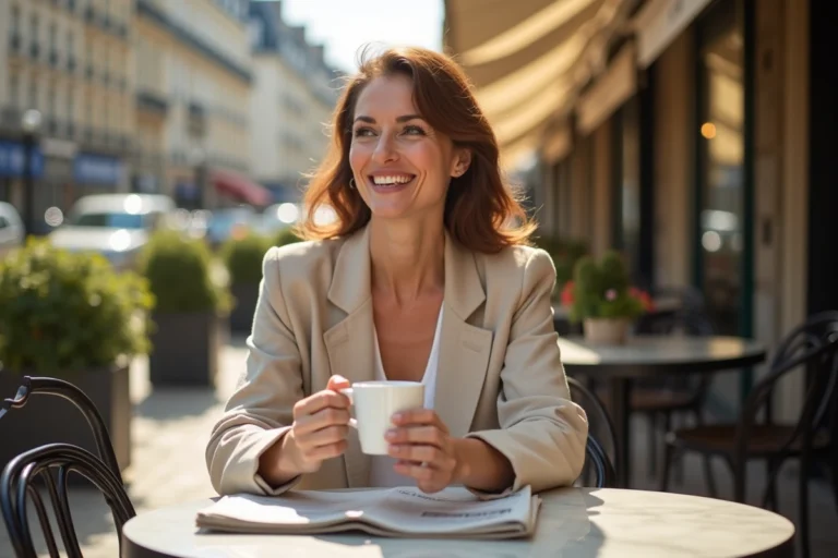 Femme élégante assise en terrasse de café parisien, souriant avec sérénité, évoquant la vie privée et le bonheur personnel de Sophie Jovillard en 2026