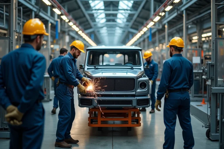 Chaîne de montage automobile dans une usine Stellantis avec ouvriers en uniforme et bras robotiques en action